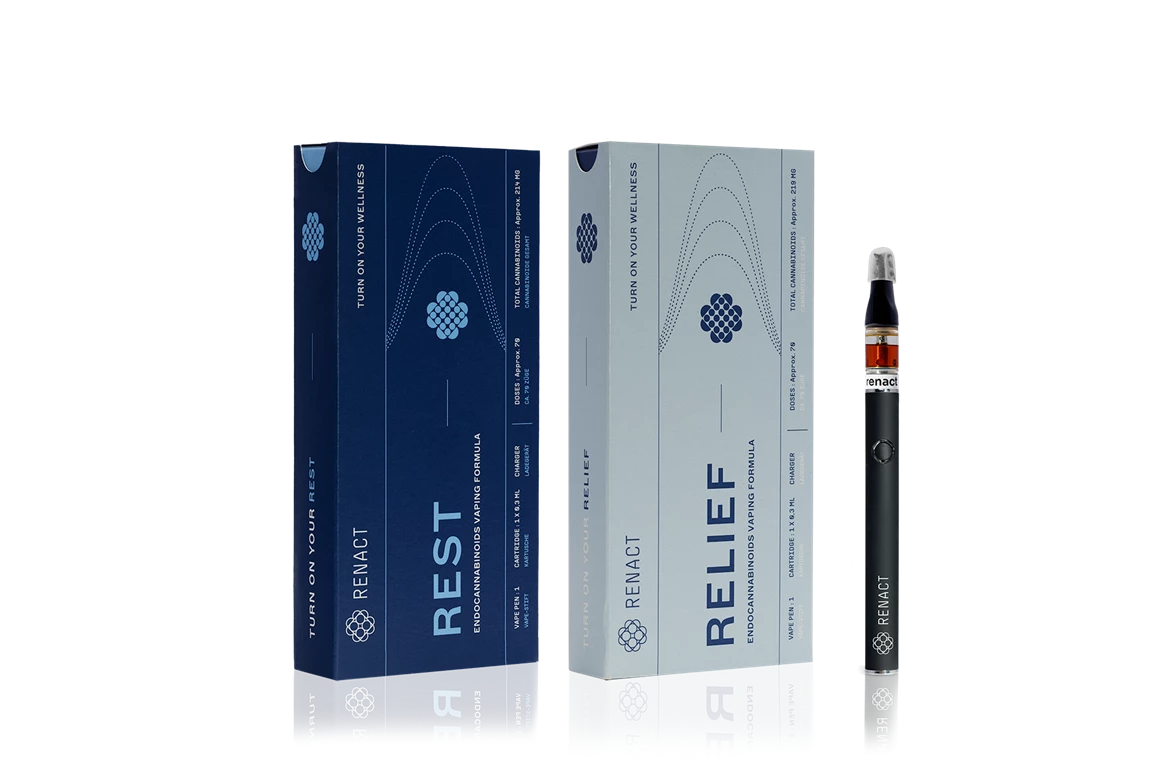 CBD-Shop: RELIEF ist eine tägliche Motivationsformel, die Selbstvertrauen, Neugier, Kreativität, soziale Interaktionen, Konzentration und Risikobereitschaft stärkt. Unsere Vaping-Formel ist nicht für Freizeitzwecke gedacht, bei denen man den ganzen Tag über dampft. Sie soll Sie diskret unterstützen. Sie können je nach Bedarf einfach 3-4 Mal am Tag 2-3 Züge inhalieren.
 - Renact CBD