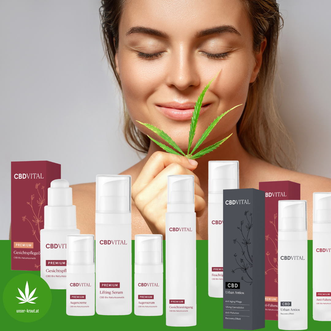 CBD-Shop: CBD Gesichtspflege trägt bekannterweise immens zum Hautschutz  der Hautregeneration und Antiaging bei,
wirkt antibakteriell, talgregulierend, schützt und pflegt. Dies wurde durch wissenschaftliche Studien belegt. Anwendungsbeobachtungen, Tests und die ständige Forschung nach den besten natürlichen Inhaltsstoffen machen unsere hochwertigen Hautpflegeprodukte, entwickelt aus einem Expertenpool von Pharmazeuten, einzigartig und haben Apothekenqualität. - CBD und Hanf Shop UNSER KRAUT Seefeld Tirol