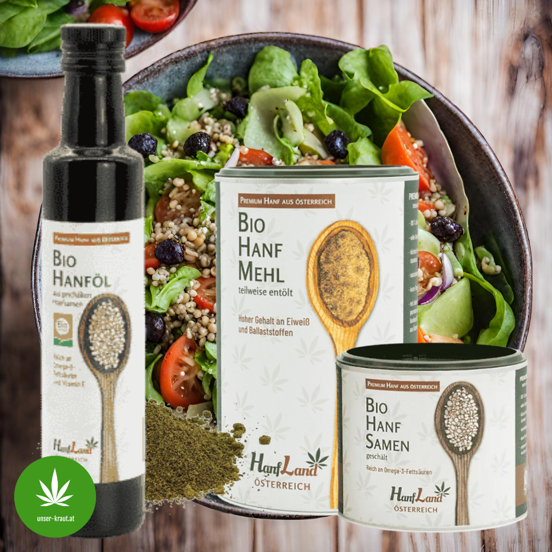 CBD-Shop: Hanfsamen, Hanfmehl, Hanfsamenöl - ihre regionale Omega 3 und Magnesium-Quelle vom Feld! Hoher Gehalt an Omega-3-Fettsäuren - reich an ungesättigten Fettsäuren, naturbelassen verarbeitet. Höchste Produktionsstandards. Natürliche Eiweiß-, Eisen-, Magnesium- und Zinkquelle. 100% Naturprodukt aus Österreich. - CBD und Hanf Shop UNSER KRAUT Seefeld Tirol