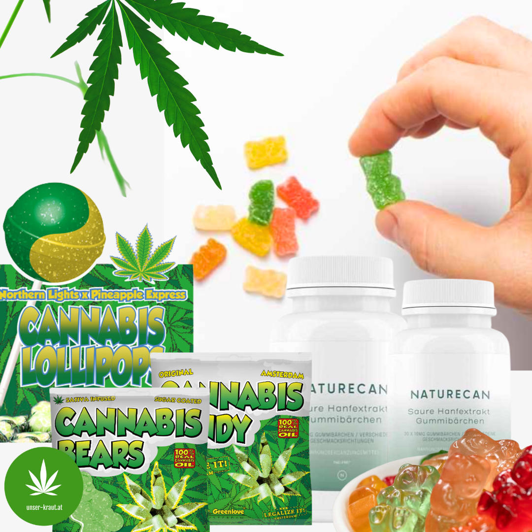CBD-Shop: CBD Gummibärchen und andere Cannabidiol Snacks sind vor allem für Menschen geeignet, die den Geschmack von CBD Öl und die Einnahme von Tropfen oder Kapseln nicht mögen. Je nach Snack kann er von 2,5 bis zu 25 mg CBD enthalten. Kein messbarer THC Gehalt - nicht berauschend. Perfekt auch für unterwegs, beim Sport oder im Büro. Edibles sind auch perfekt für CBD Neulinge. Süsses mit Mehrwert. - CBD und Hanf Shop UNSER KRAUT Seefeld Tirol
