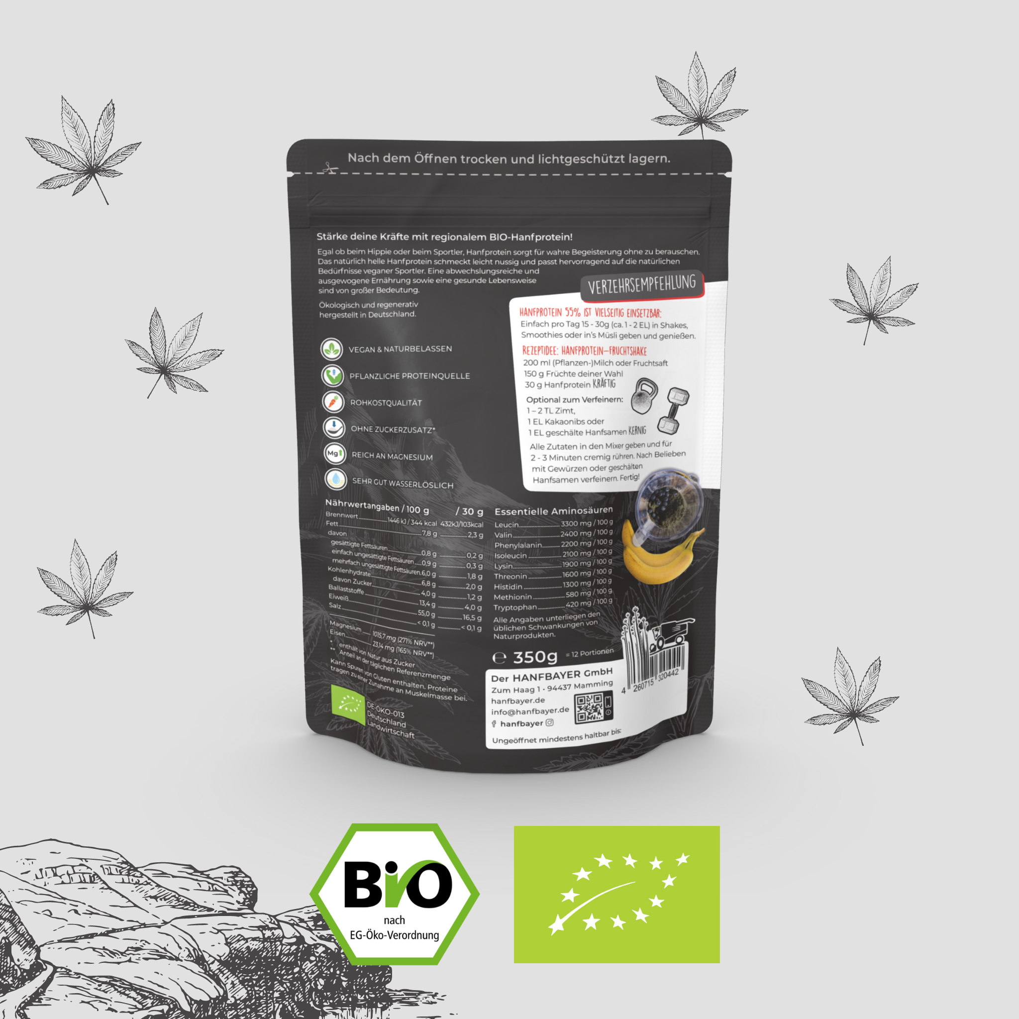 Hemp shops - Ostbayern - Bio Hanfproteinpulver 350g Rückseite - Der Hanfbayer  Kräftig Bio Hanfprotein